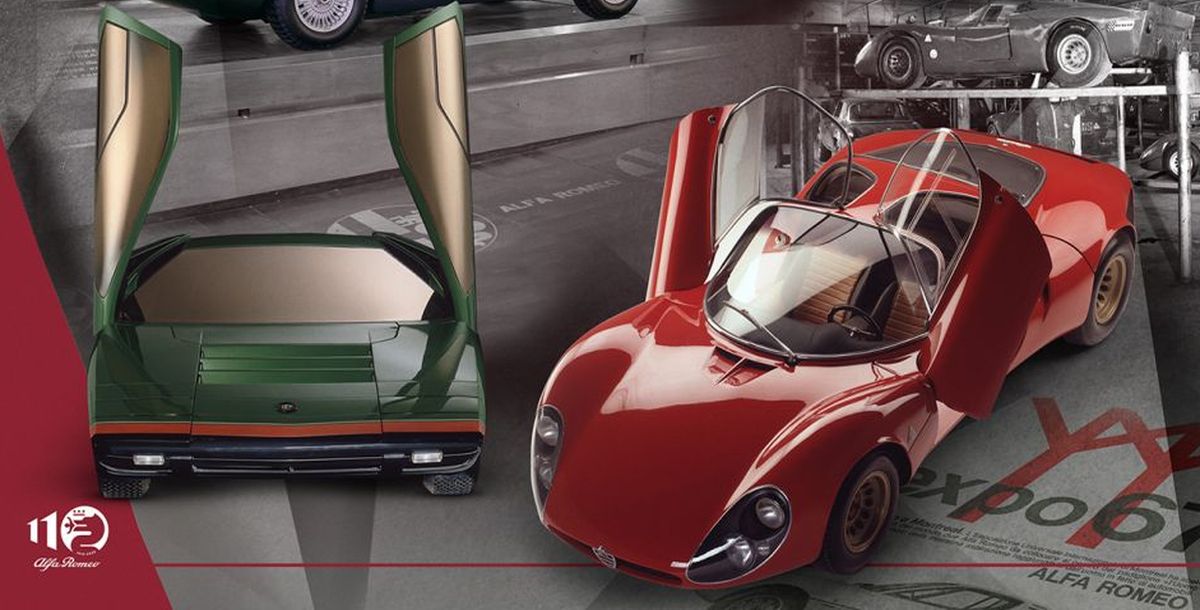 Rückblick auf eine Revolution in Sachen Form und Farben – die Alfa Romeo Modelle Tipo 33 Stradale und Montreal, das Konzeptfahrzeug Carabo